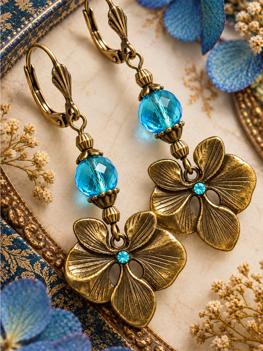 Handmade Blue Czech Glass Faceted Bead, Antique Brass Pansy Earrings - Picture 7 of 11